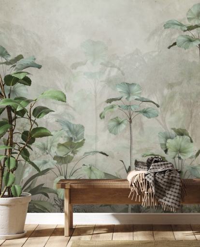 Fond beige vintage avec papier peint vert tamisé de grands arbres tropicaux Fond beige vintage avec papier peint vert tamisé de grands arbres tropicaux