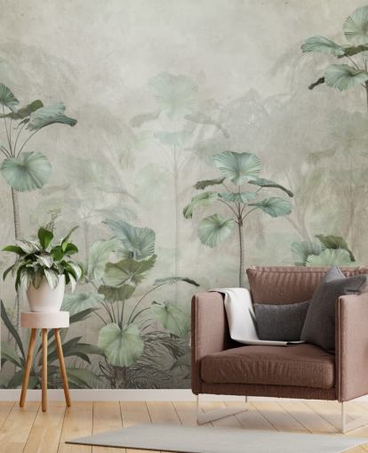 Vintage beige background with muted green tropical tall trees wallpaper
