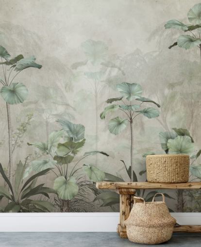 Fond beige vintage avec papier peint vert tamisé de grands arbres tropicaux Fond beige vintage avec papier peint vert tamisé de grands arbres tropicaux