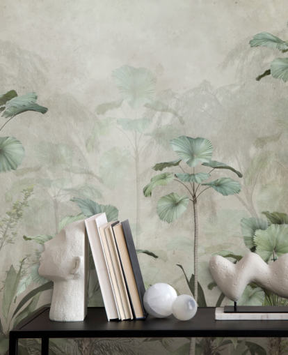 Papel pintado de fondo beige vintage con árboles altos tropicales de color verde apagado Papel pintado de fondo beige vintage con árboles altos tropicales de color verde apagado