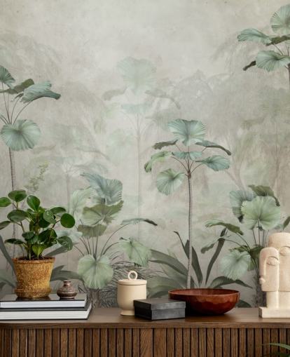 Vintage beige achtergrond met gedempt groen behang met tropische hoge bomen