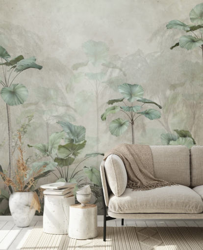 Vintage beige background with muted green tropical tall trees wallpaper