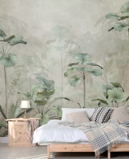 Vintage beige bakgrund med dämpade gröna tropiska höga träd tapeter Vintage beige bakgrund med dämpade gröna tropiska höga träd tapeter