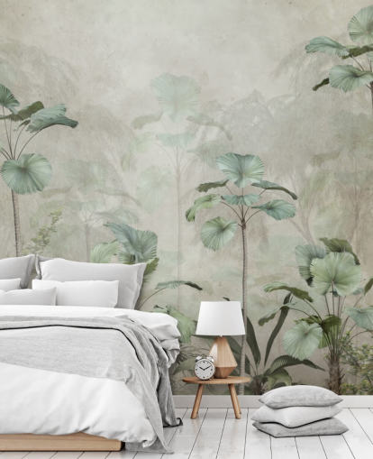 Papel pintado de fondo beige vintage con árboles altos tropicales de color verde apagado