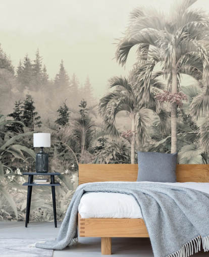 Hazy and muted green jungle and tropical trees landscape wallpaper