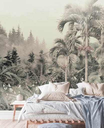 Fondo de pantalla de paisaje de selva verde brumoso y apagado y árboles tropicales