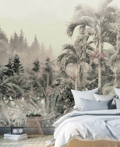 Papier peint de paysage de jungle verte brumeuse et d'arbres tropicaux