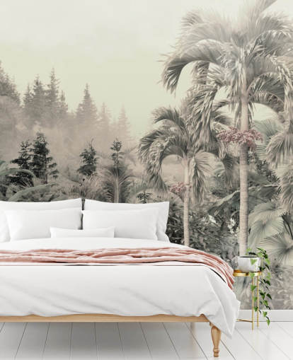 Papel de parede verde nebuloso e silencioso de paisagem de árvores tropicais e selva