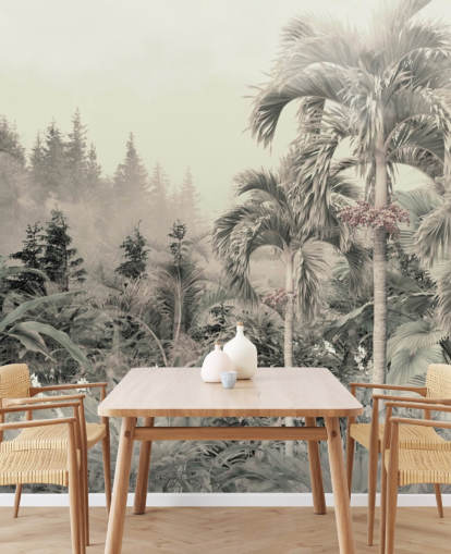 Fondo de pantalla de paisaje de selva verde brumoso y apagado y árboles tropicales