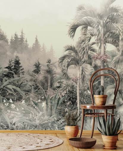 Papel de parede verde nebuloso e silencioso de paisagem de árvores tropicais e selva