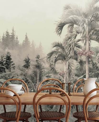 Papel de parede verde nebuloso e silencioso de paisagem de árvores tropicais e selva