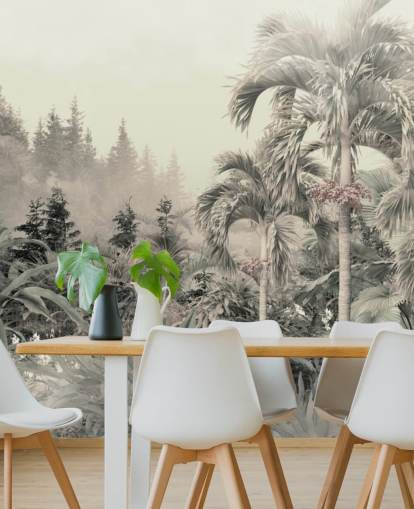 Hazy and muted green jungle and tropical trees landscape wallpaper