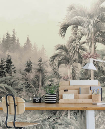 Fondo de pantalla de paisaje de selva verde brumoso y apagado y árboles tropicales