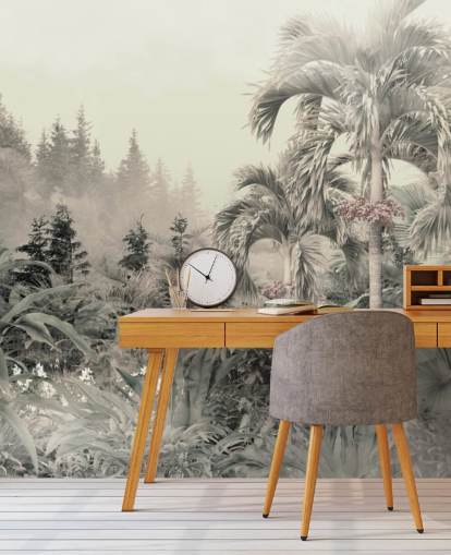 Papel de parede verde nebuloso e silencioso de paisagem de árvores tropicais e selva