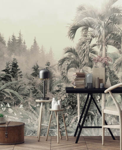 Fondo de pantalla de paisaje de selva verde brumoso y apagado y árboles tropicales