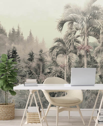 Hazy and muted green jungle and tropical trees landscape wallpaper