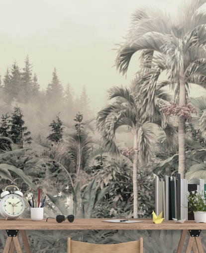 Papel de parede verde nebuloso e silencioso de paisagem de árvores tropicais e selva Papel de parede verde nebuloso e silencioso de paisagem de árvores tropicais e selva