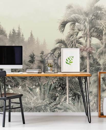 Papel de parede verde nebuloso e silencioso de paisagem de árvores tropicais e selva Papel de parede verde nebuloso e silencioso de paisagem de árvores tropicais e selva