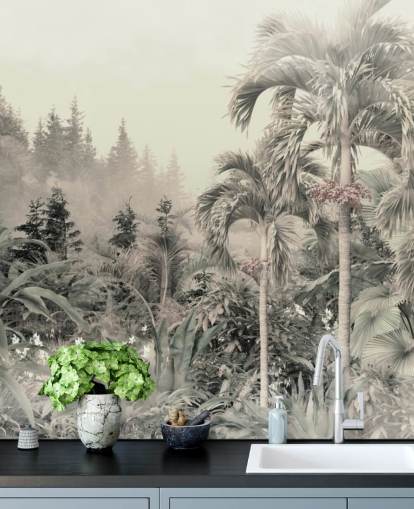 Fondo de pantalla de paisaje de selva verde brumoso y apagado y árboles tropicales