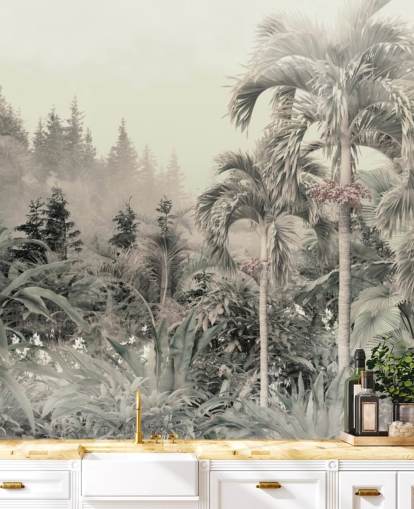 Carta da parati con paesaggio verde nebbioso e smorzato, giungla e alberi tropicali Carta da parati con paesaggio verde nebbioso e smorzato, giungla e alberi tropicali