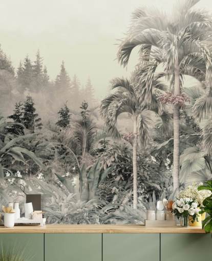 Papier peint de paysage de jungle verte brumeuse et d'arbres tropicaux