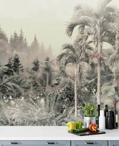 Papier peint de paysage de jungle verte brumeuse et d'arbres tropicaux