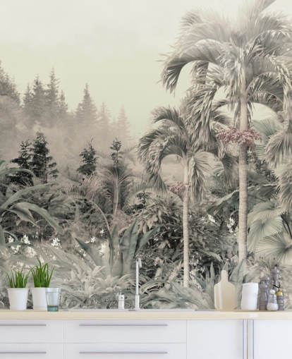 Carta da parati con paesaggio verde nebbioso e smorzato, giungla e alberi tropicali