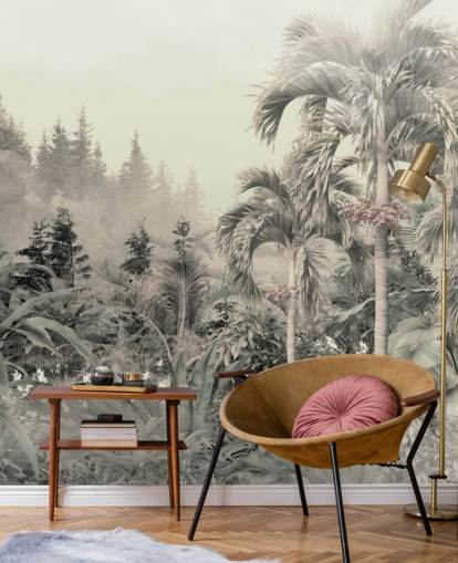 Papel de parede verde nebuloso e silencioso de paisagem de árvores tropicais e selva Papel de parede verde nebuloso e silencioso de paisagem de árvores tropicais e selva