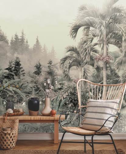 Carta da parati con paesaggio verde nebbioso e smorzato, giungla e alberi tropicali