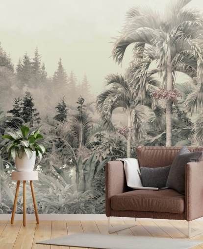 Papier peint de paysage de jungle verte brumeuse et d'arbres tropicaux