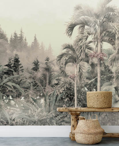 Hazy and muted green jungle and tropical trees landscape wallpaper