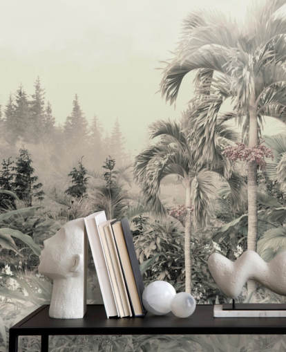 Carta da parati con paesaggio verde nebbioso e smorzato, giungla e alberi tropicali Carta da parati con paesaggio verde nebbioso e smorzato, giungla e alberi tropicali