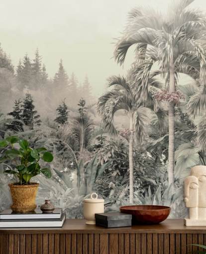 Hazy and muted green jungle and tropical trees landscape wallpaper