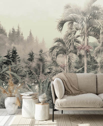 Papier peint de paysage de jungle verte brumeuse et d'arbres tropicaux Papier peint de paysage de jungle verte brumeuse et d'arbres tropicaux