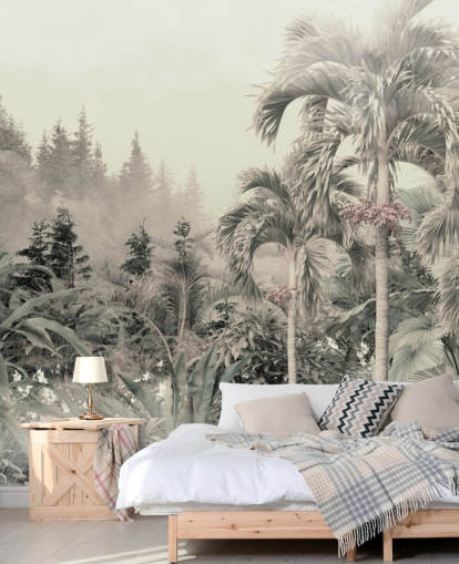 Hazy and muted green jungle and tropical trees landscape wallpaper