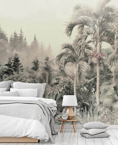 Papel de parede verde nebuloso e silencioso de paisagem de árvores tropicais e selva Papel de parede verde nebuloso e silencioso de paisagem de árvores tropicais e selva