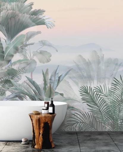 green and pink customizable tropical jungle wallpaper mural called Tranquil Jungle for bathrooms