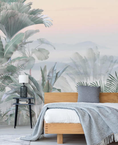 Wandbild Tranquil Jungle, grün und rosa, personalisierbar, tropischer Dschungel, für Badezimmer