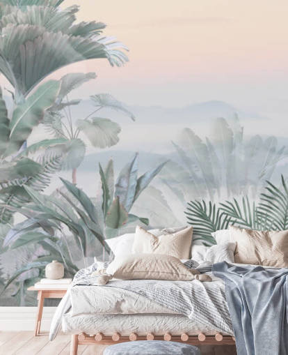 green and pink customisable tropical jungle wallpaper mural called Tranquil Jungle for bathrooms