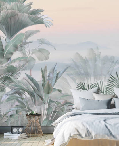 green and pink customizable tropical jungle wallpaper mural called Tranquil Jungle for bathrooms