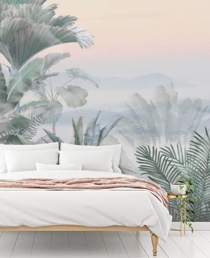 mural de papel de parede de selva tropical personalizável verde e rosa chamado Tranquil Jungle para banheiros mural de papel de parede de selva tropical personalizável verde e rosa chamado Tranquil Jungle para banheiros