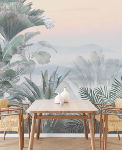 Wandbild Tranquil Jungle, grün und rosa, personalisierbar, tropischer Dschungel, für Badezimmer