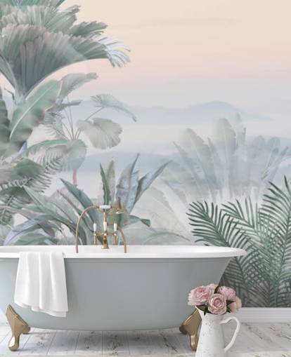 carta da parati murale personalizzabile con giungla tropicale verde e rosa chiamata Tranquil Jungle per bagni