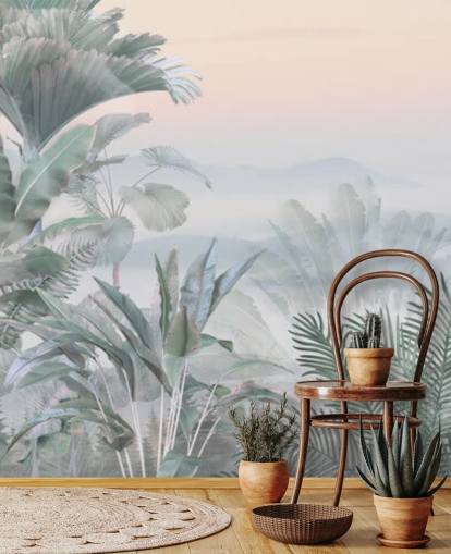 mural de papel pintado de selva tropical personalizable verde y rosa llamado Tranquil Jungle para baños