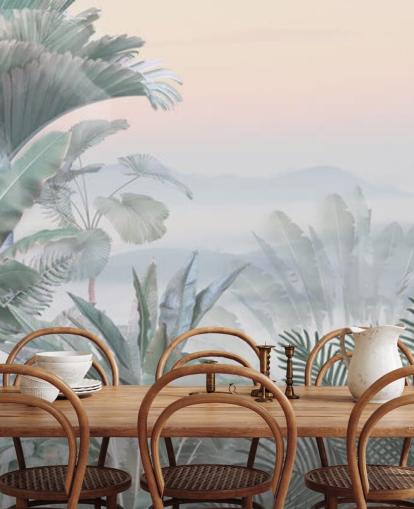 green and pink customizable tropical jungle wallpaper mural called Tranquil Jungle for bathrooms green and pink customizable tropical jungle wallpaper mural called Tranquil Jungle for bathrooms