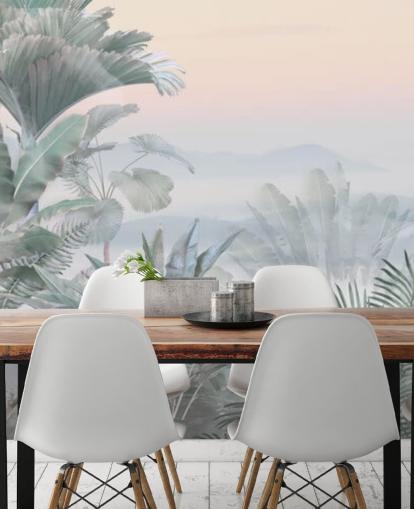 groene en roze aanpasbare tropische jungle behangmuurschildering genaamd Tranquil Jungle voor badkamers groene en roze aanpasbare tropische jungle behangmuurschildering genaamd Tranquil Jungle voor badkamers