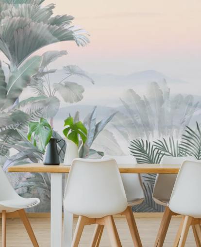 green and pink customizable tropical jungle wallpaper mural called Tranquil Jungle for bathrooms