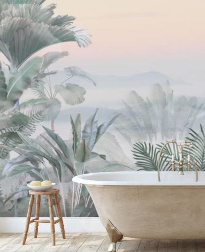mural de papel pintado de selva tropical personalizable verde y rosa llamado Tranquil Jungle para baños mural de papel pintado de selva tropical personalizable verde y rosa llamado Tranquil Jungle para baños