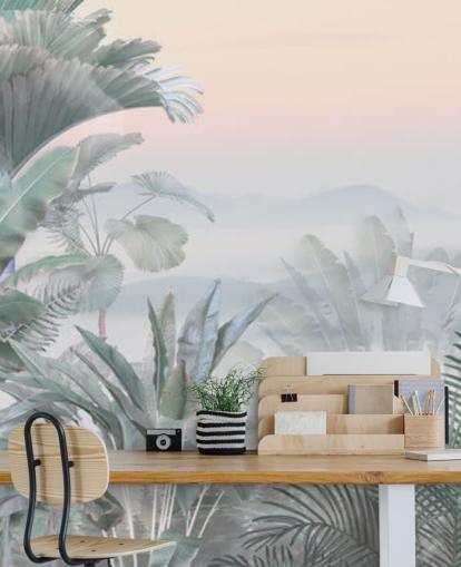 green and pink customizable tropical jungle wallpaper mural called Tranquil Jungle for bathrooms