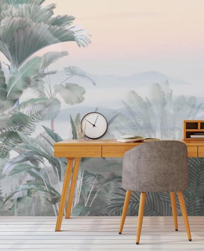 grön och rosa anpassningsbar tropisk djungel tapetväggmålning kallad Tranquil Jungle för badrum grön och rosa anpassningsbar tropisk djungel tapetväggmålning kallad Tranquil Jungle för badrum